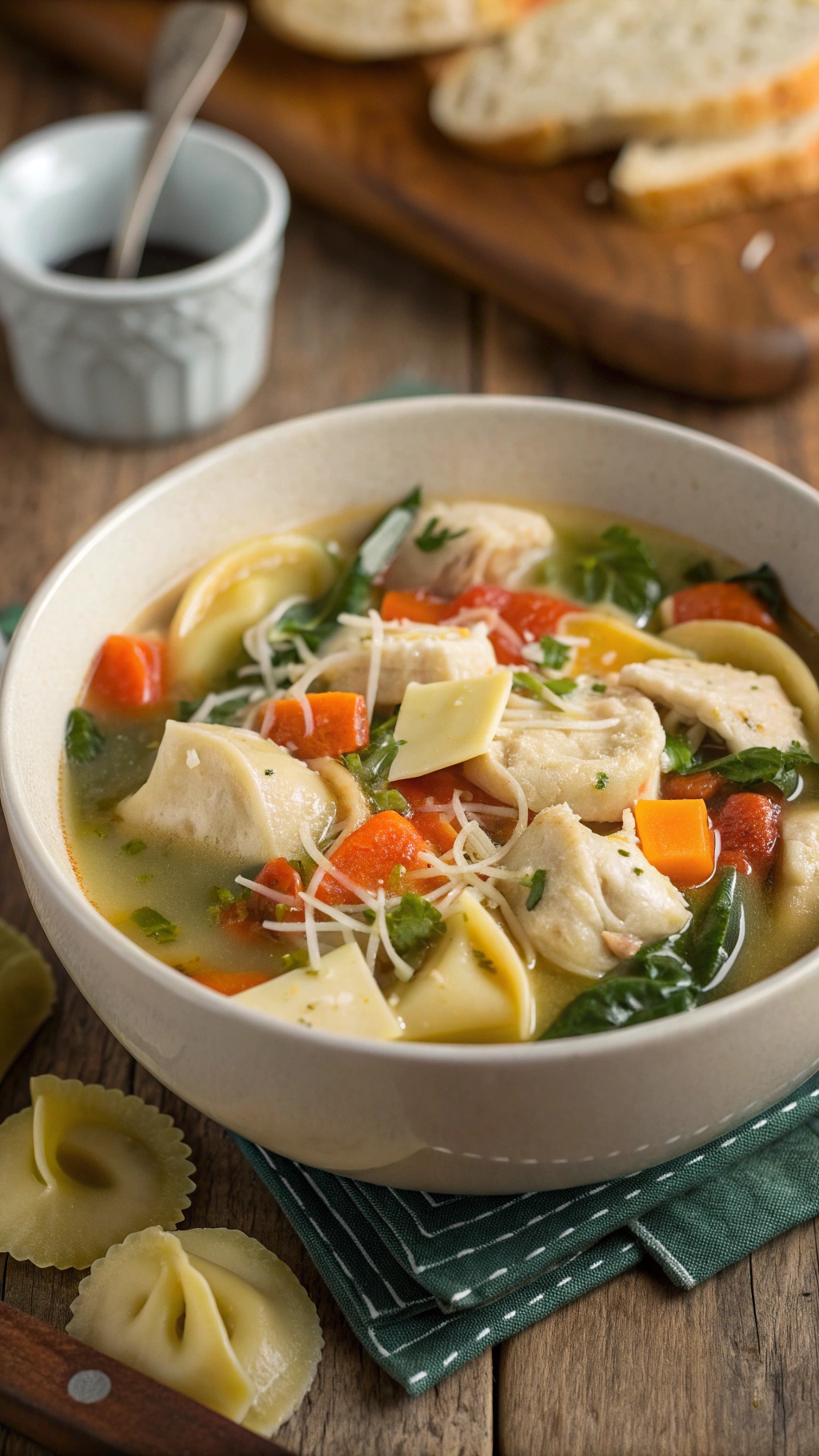 A bowl of Zesty Chicken Tortellini Soup with colorful vegetables and tortellini, served with bread on the side.