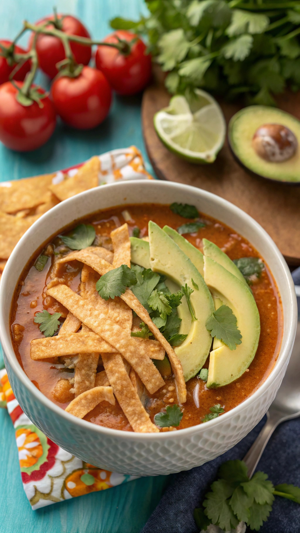 A bowl of zesty chicken tortilla soup topped with avocado slices, crispy tortilla strips, and fresh cilantro, surrounded by tomatoes and lime.