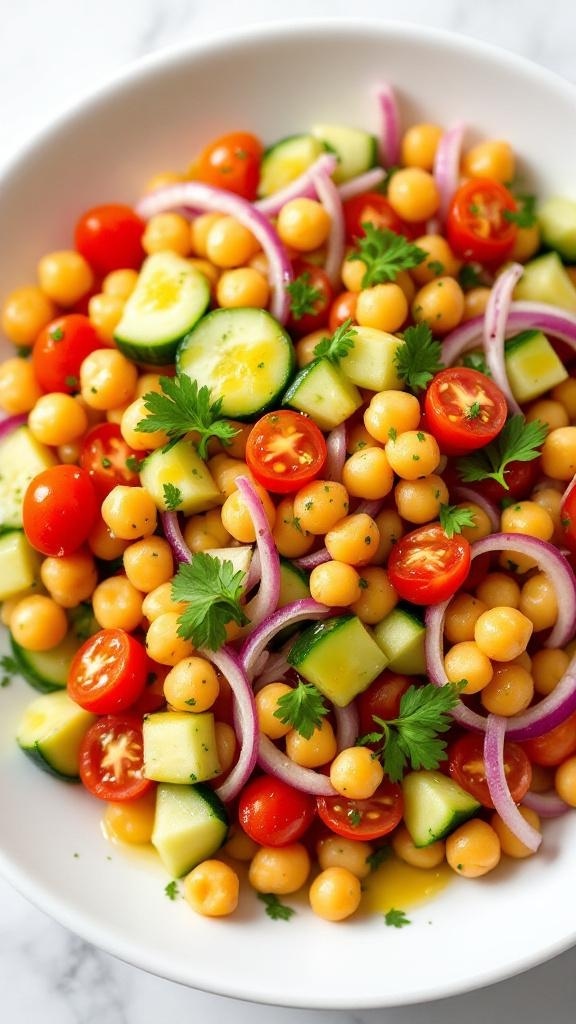 A colorful chickpea salad with cherry tomatoes, cucumbers, red onion, and parsley.