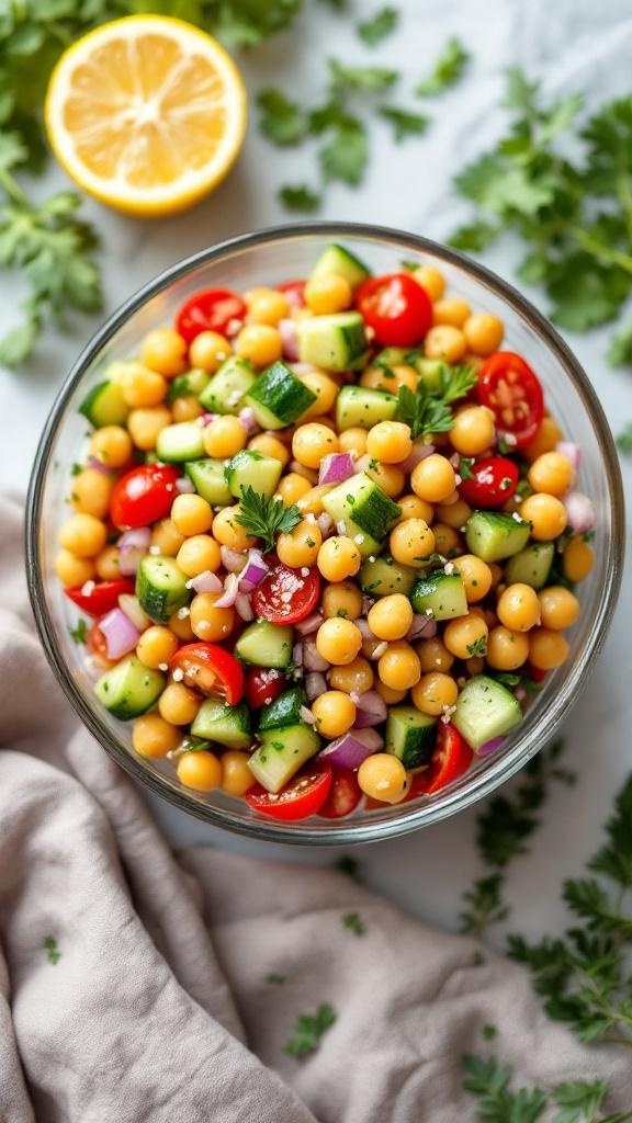 A colorful bowl of chickpea salad with cucumbers, tomatoes, and lemon dressing.