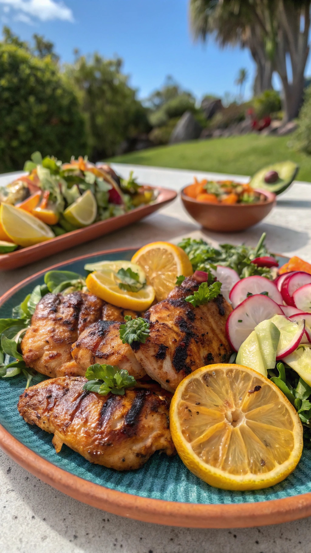 Grilled chicken thighs garnished with lemon slices and served with a fresh salad