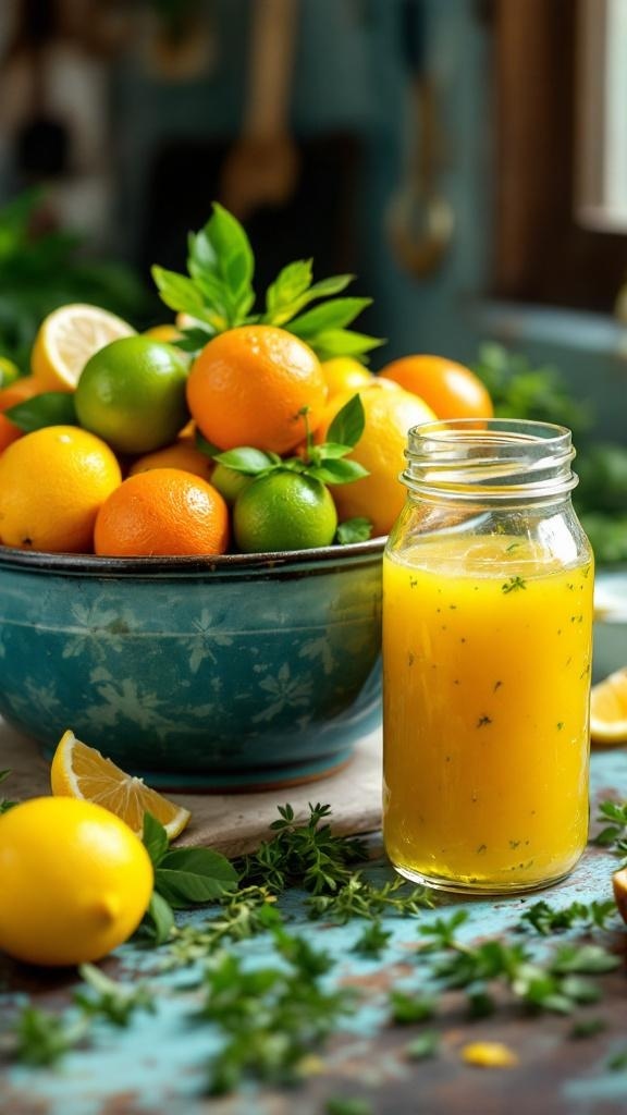 A bowl filled with fresh oranges and lemons, surrounded by herbs and a rustic setting.
