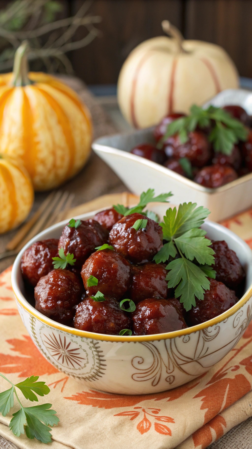 A bowl of zesty cranberry meatballs garnished with parsley, surrounded by pumpkins and fall decor.