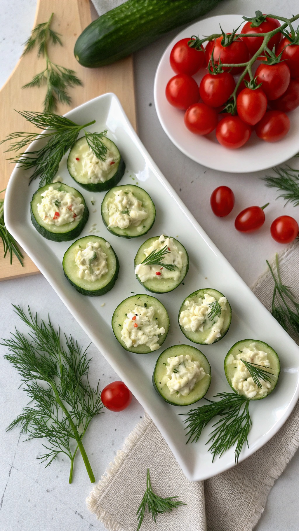 Zesty cucumber bites topped with cream cheese and herbs on a serving platter