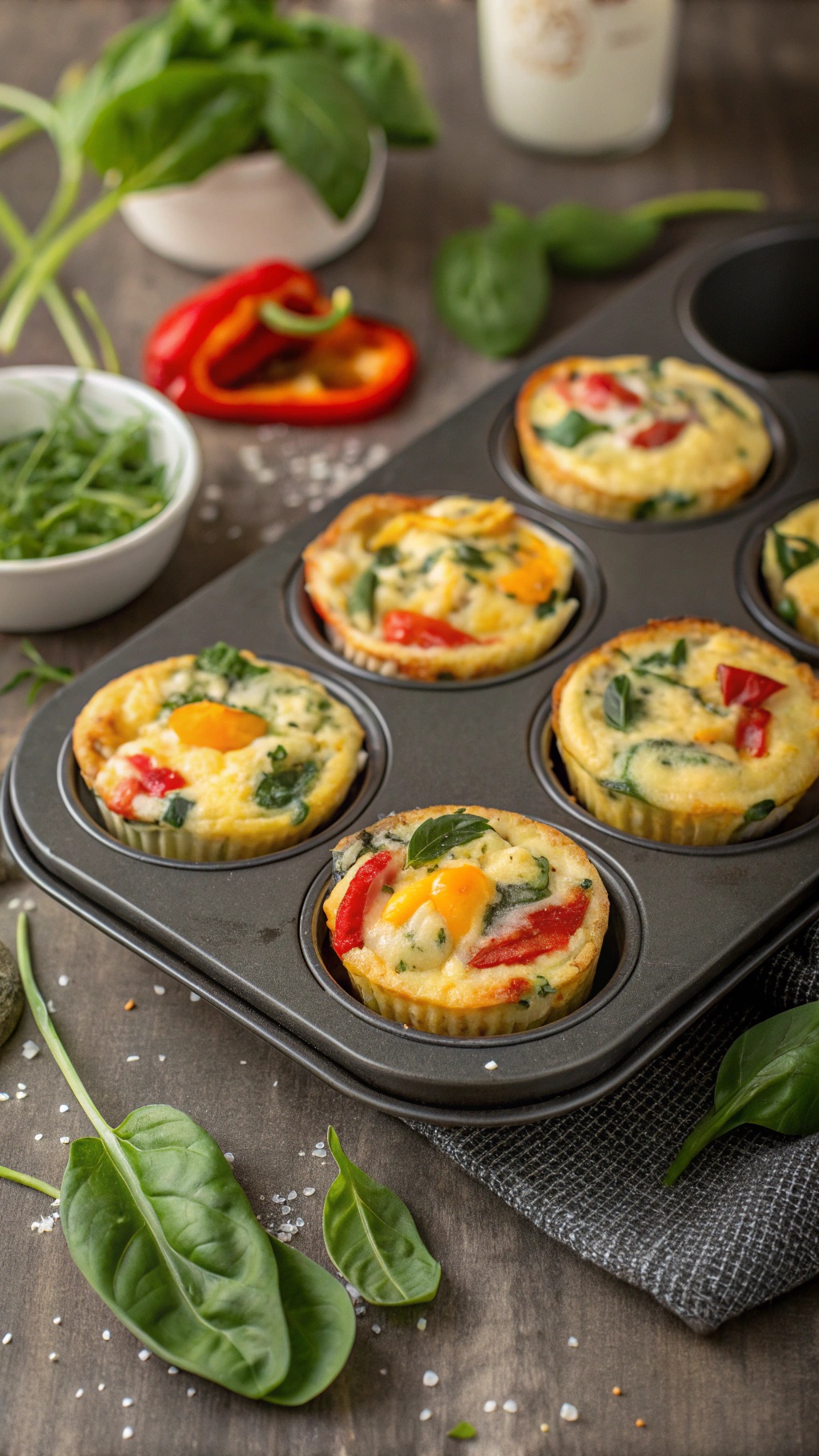 A tray of zesty egg muffins with spinach and red peppers, perfect for a healthy snack.