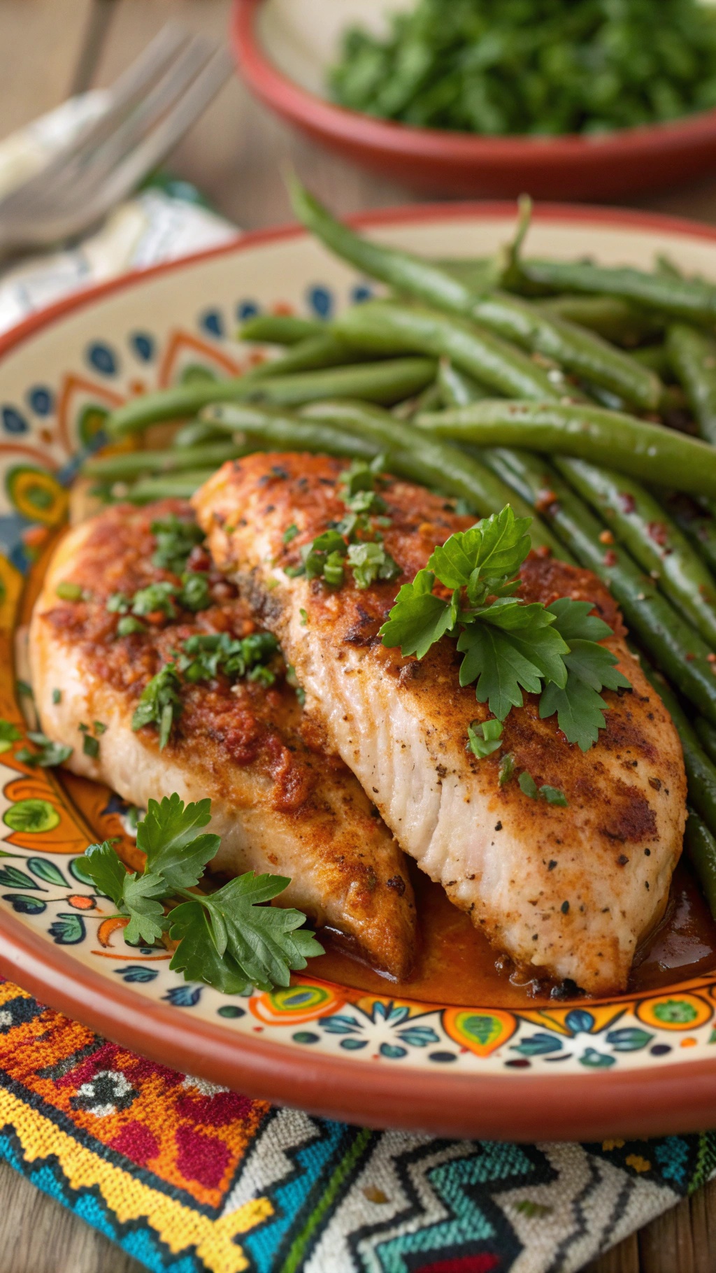Zesty Garlic and Paprika Chicken Bake with green beans on a colorful plate.