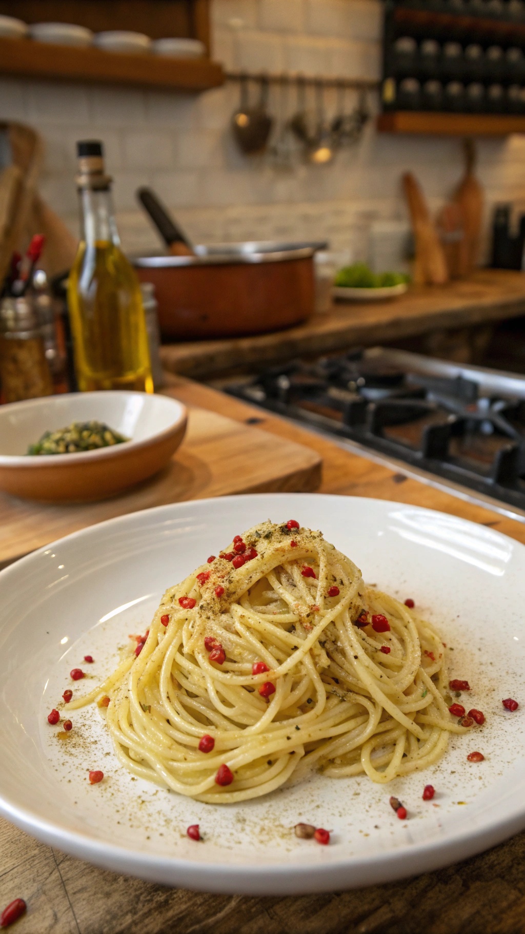 A plate of gluten-free spaghetti aglio e olio topped with red pepper flakes and garlic, served in a cozy kitchen setting.