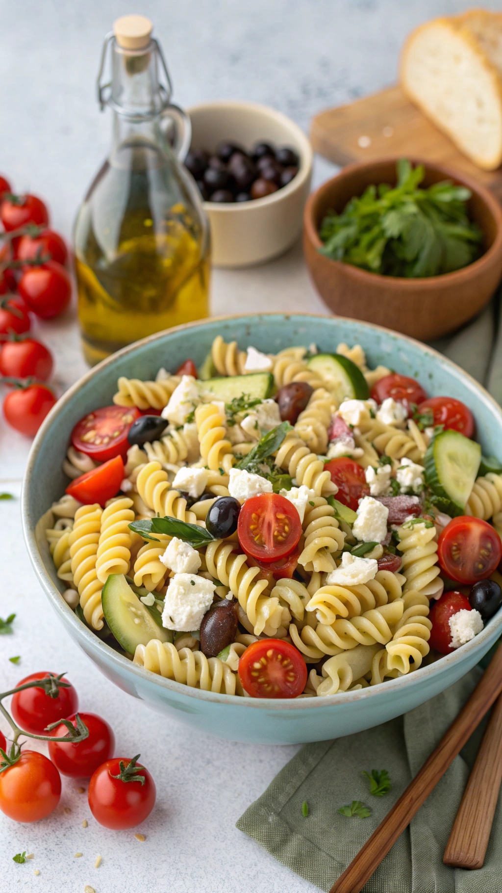 A vibrant bowl of Greek pasta salad with rotini, cherry tomatoes, cucumber, olives, and feta cheese, garnished with fresh herbs.