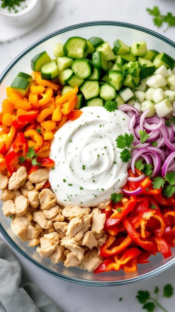 A colorful bowl of chicken salad with Greek yogurt, fresh vegetables, and herbs.
