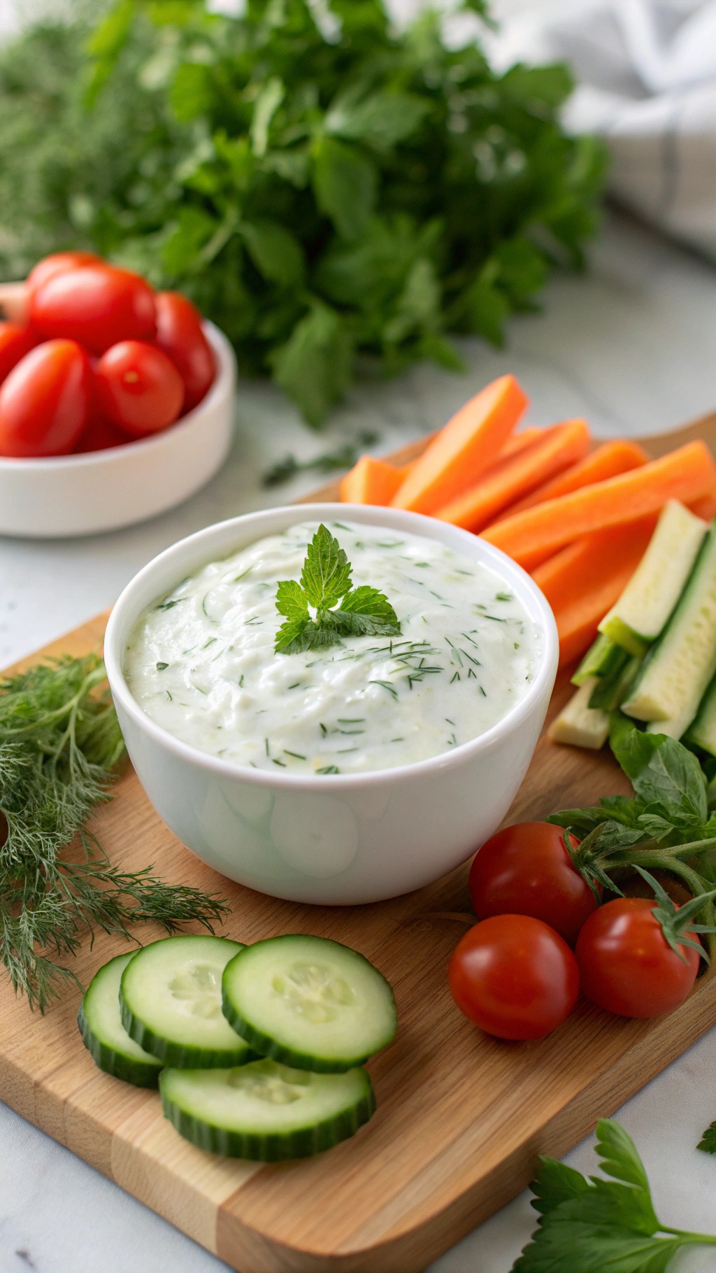 A bowl of zesty Greek yogurt dip surrounded by fresh vegetables like cucumbers, carrots, and cherry tomatoes.