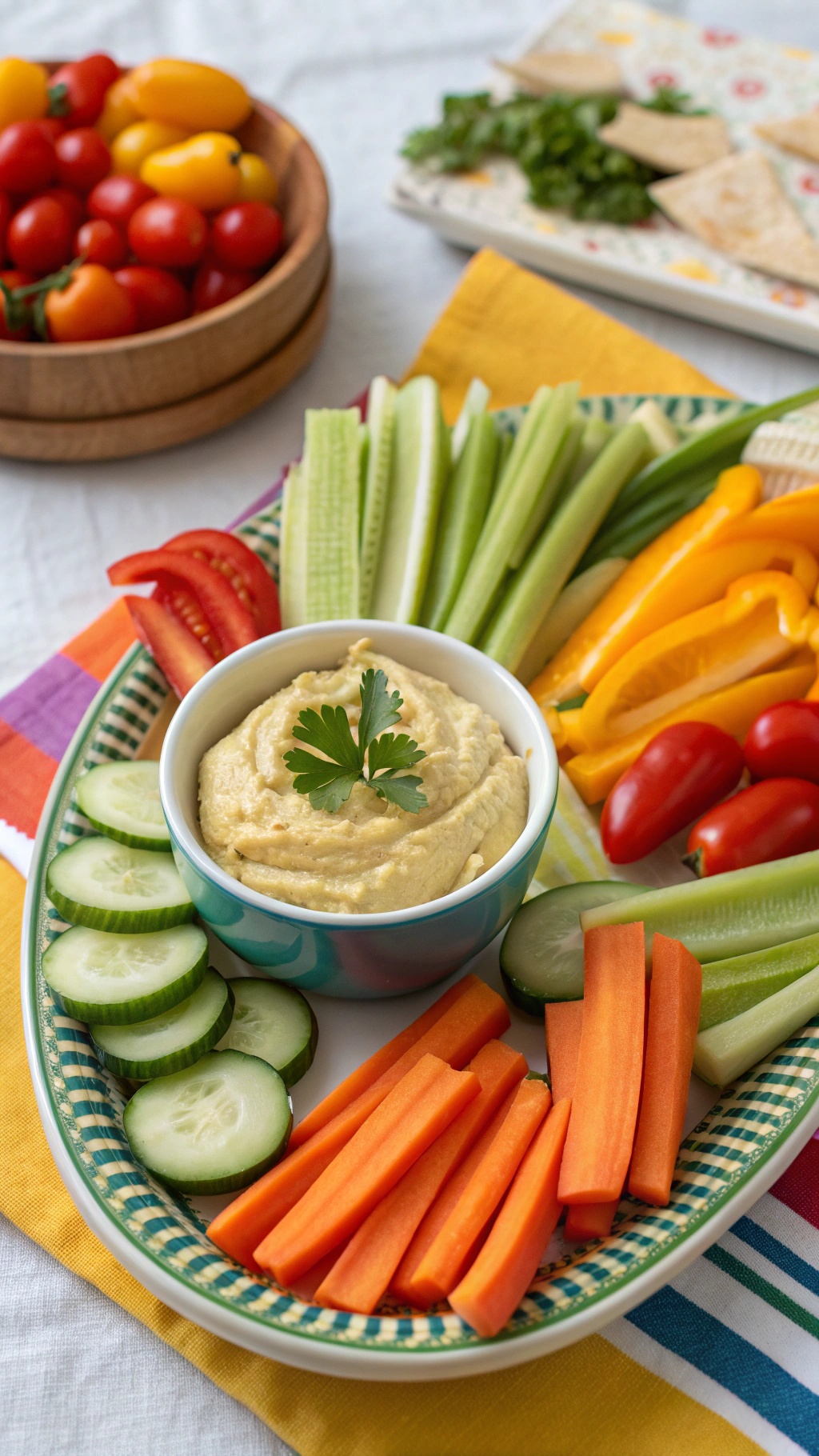 A colorful platter of veggie sticks and a bowl of hummus, perfect for healthy snacking on road trips.