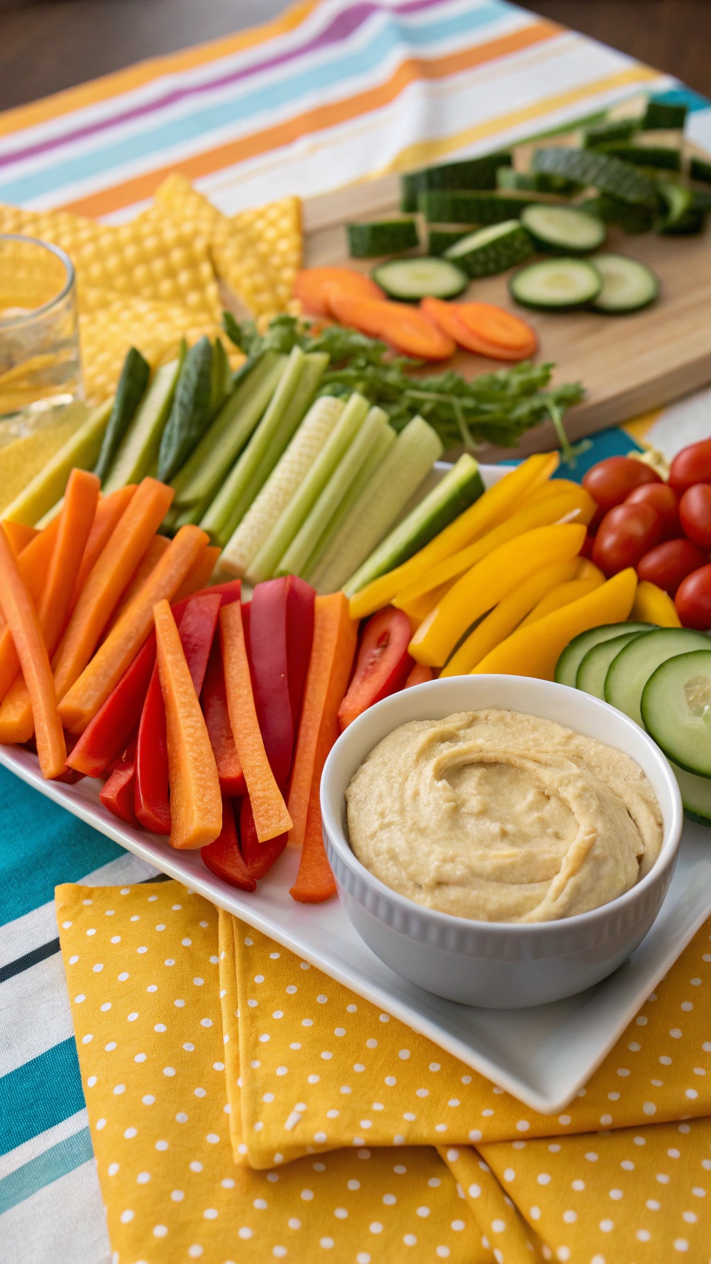 A colorful display of veggie sticks and a bowl of hummus on a striped tablecloth.