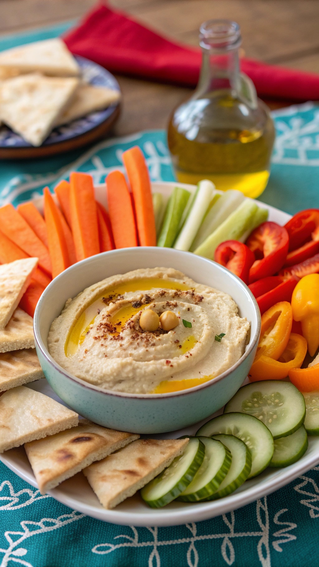 A colorful platter of veggies with a bowl of hummus, showcasing a healthy late-night snack option.