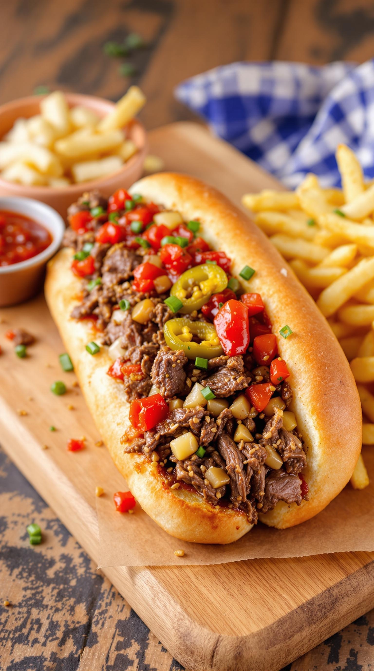 A delicious zesty Italian beef sandwich topped with colorful veggies and served with fries.
