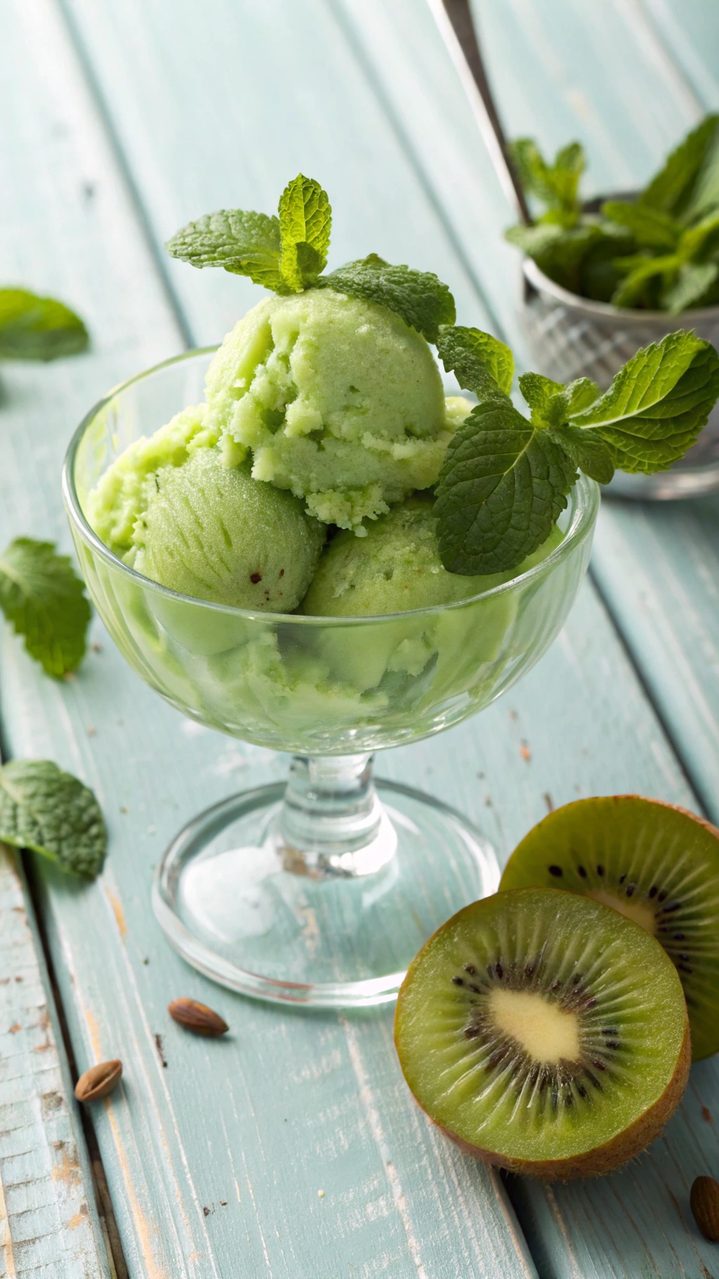 A bowl of green kiwi sorbet topped with mint leaves, with sliced kiwi and mint in the background.