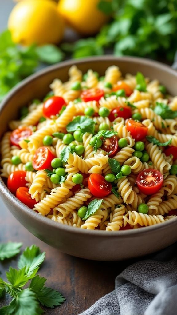 A bowl of Zesty Lemon-Pepper Edamame Pasta Salad with cherry tomatoes and green peas.