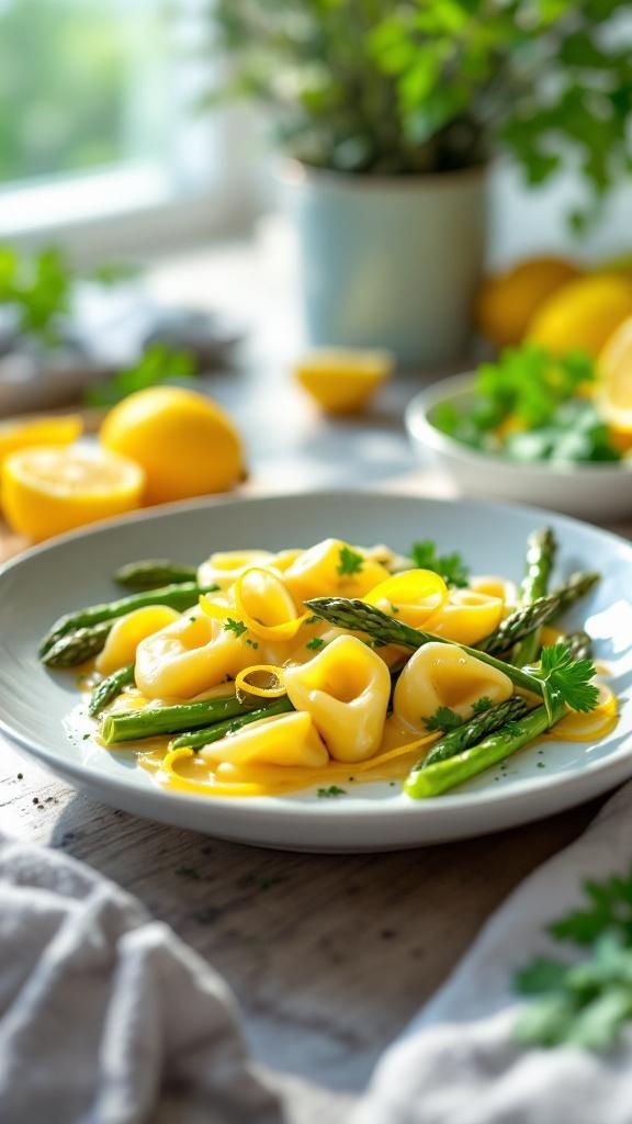 A plate of tortellini with asparagus, garnished with lemon zest and parsley.