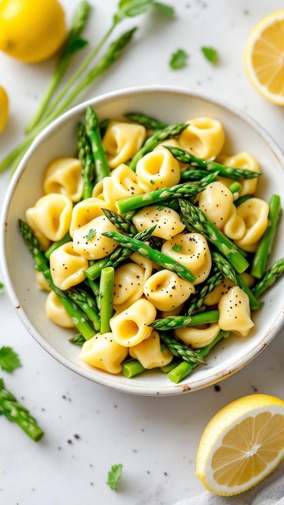 A bowl of tortellini with asparagus and lemon slices
