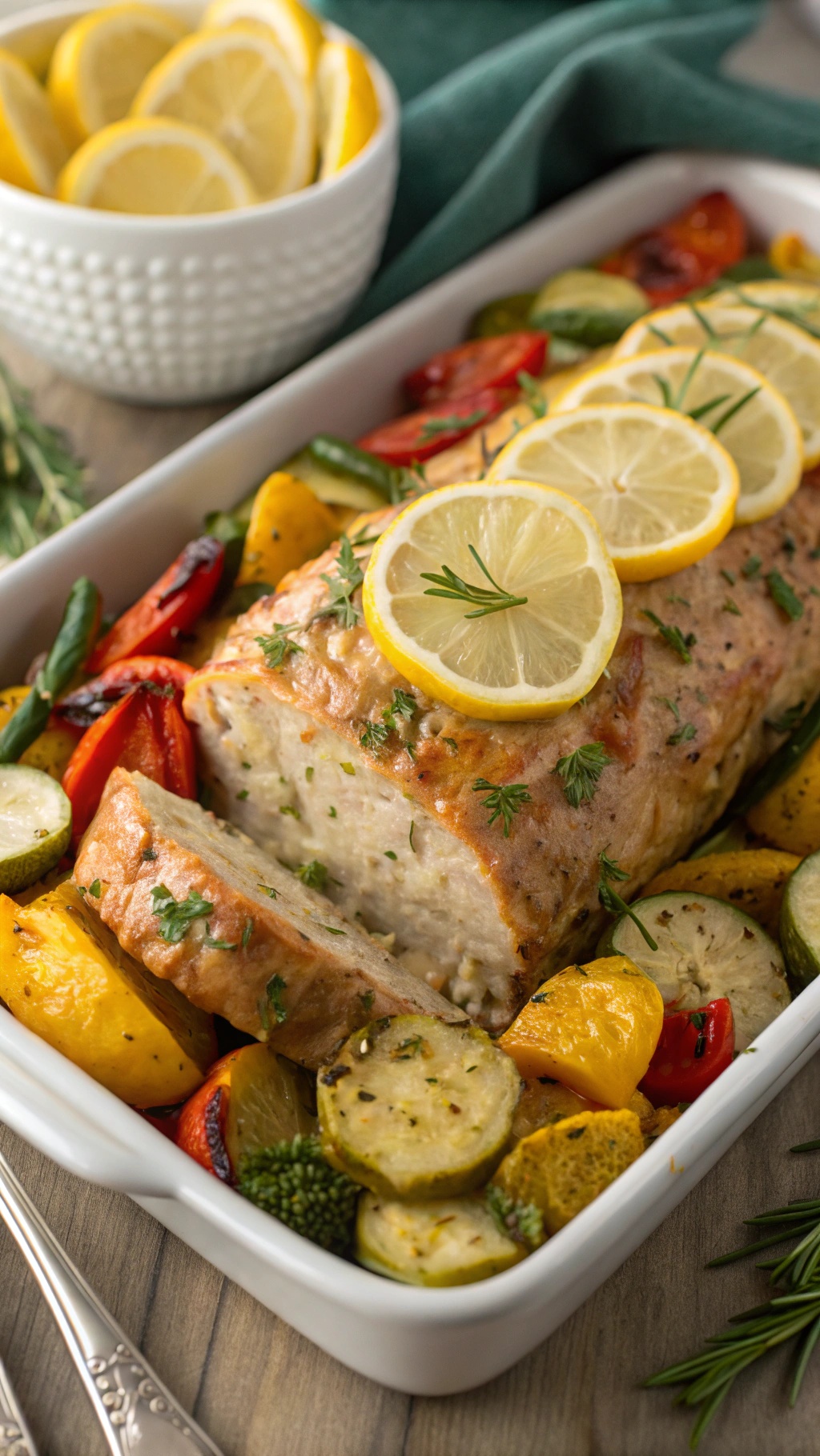 A delicious chicken meatloaf garnished with lemon slices and surrounded by colorful roasted vegetables.
