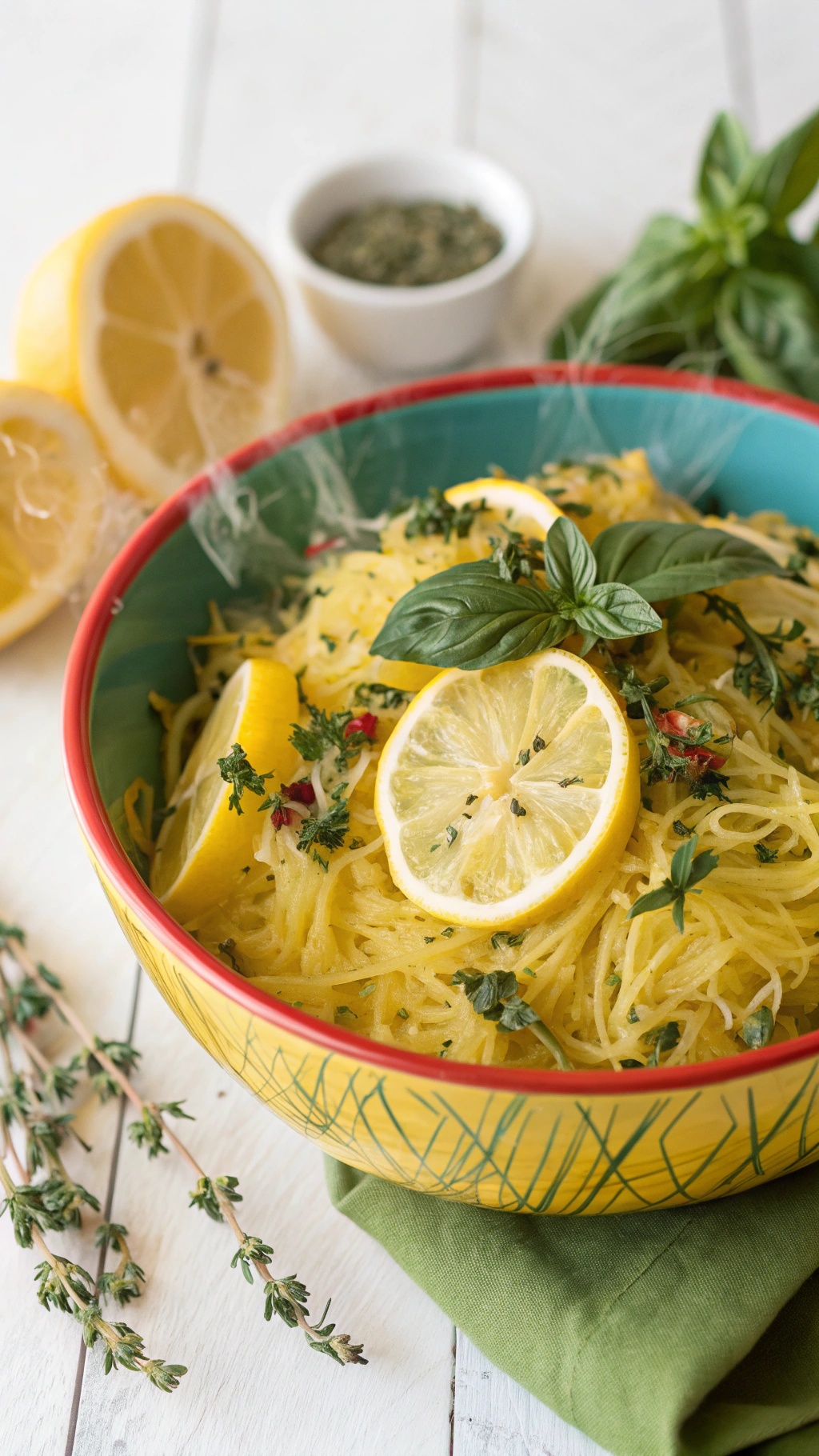Bowl of spaghetti squash with lemon slices and fresh herbs