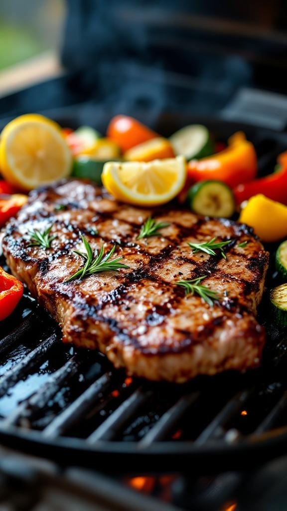 Grilled flank steak with lemon and rosemary, surrounded by colorful vegetables on a grill.