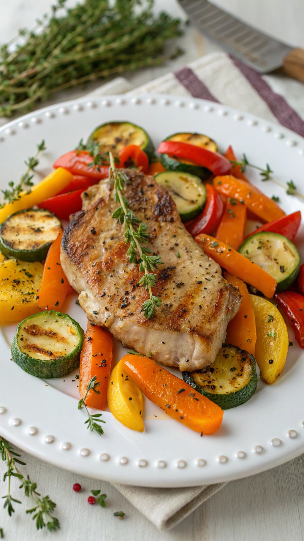 Zesty lemon and thyme pork chops served with roasted vegetables