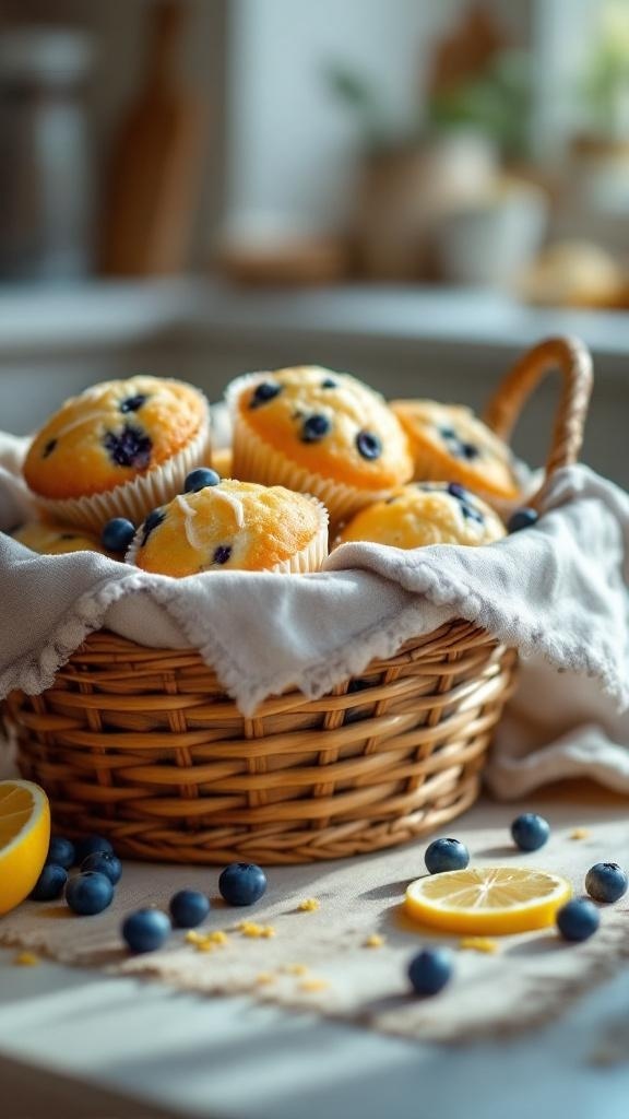 A basket of freshly baked lemon blueberry muffins with blueberries and lemon slices around.