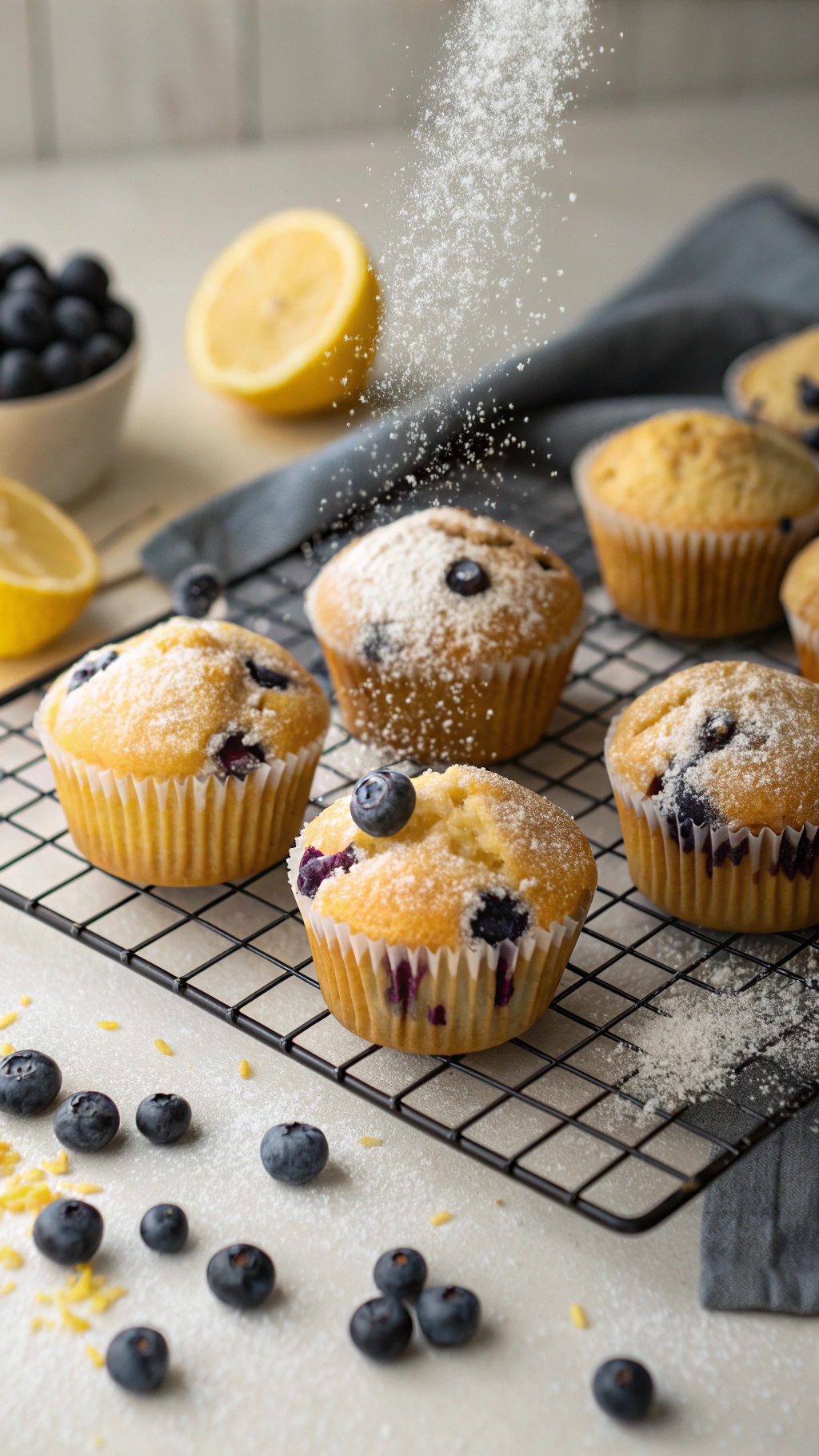 Freshly baked lemon blueberry muffins on a cooling rack with blueberries and lemons.