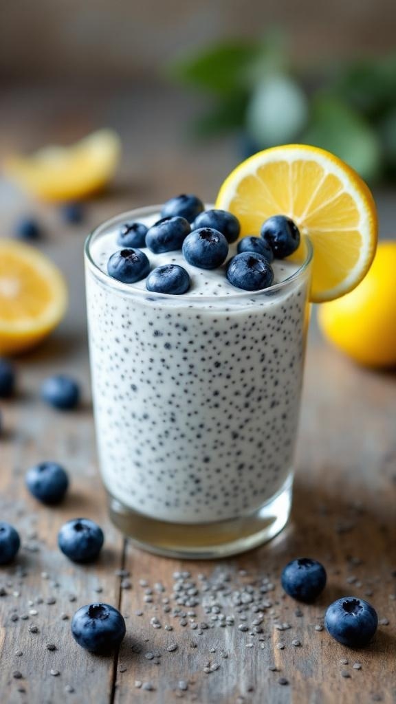 A glass of lemon chia pudding topped with blueberries and a lemon slice, surrounded by fresh lemons and chia seeds.
