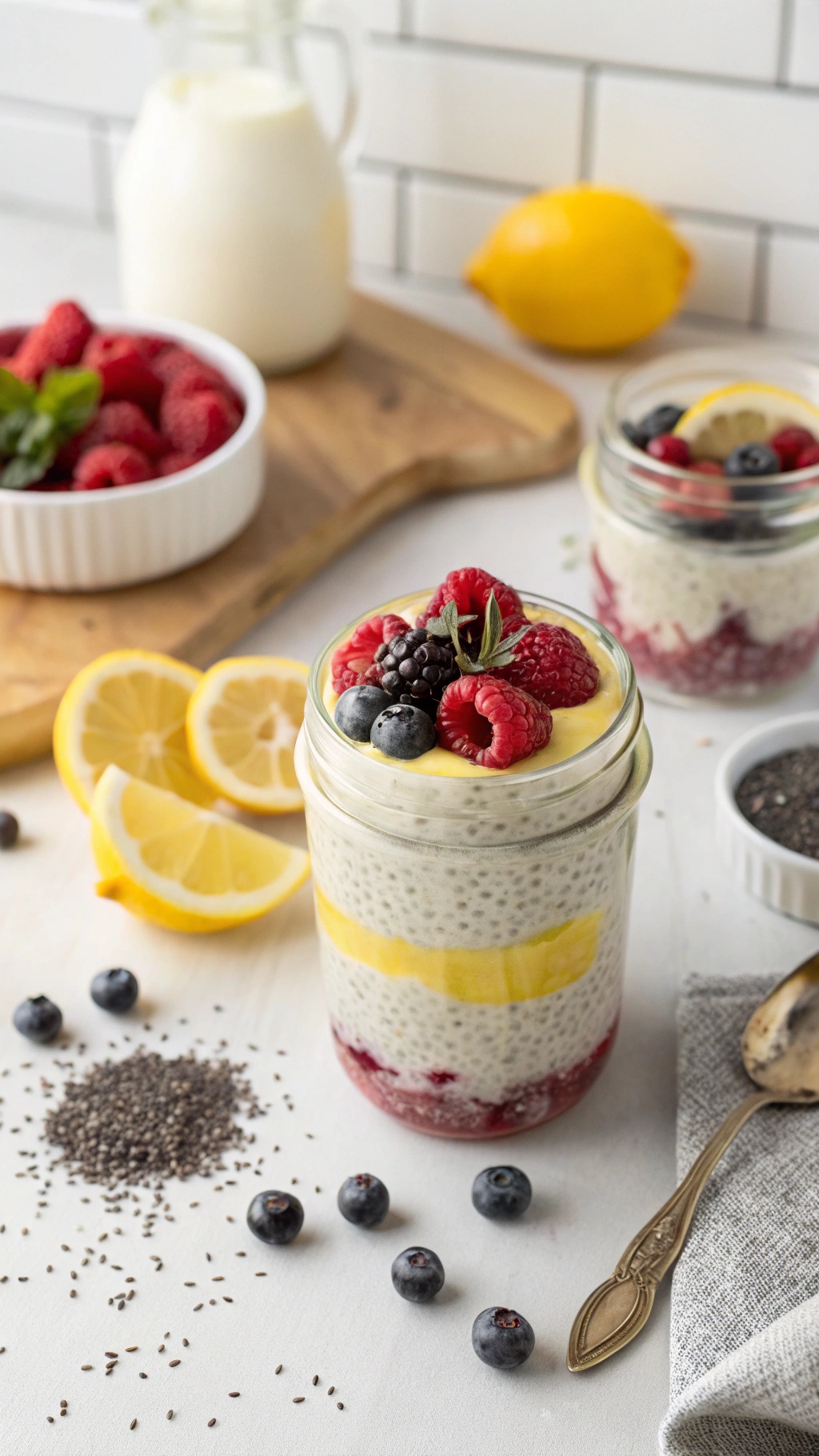 A jar of zesty lemon chia pudding topped with fresh berries and lemon slices, with chia seeds scattered around.