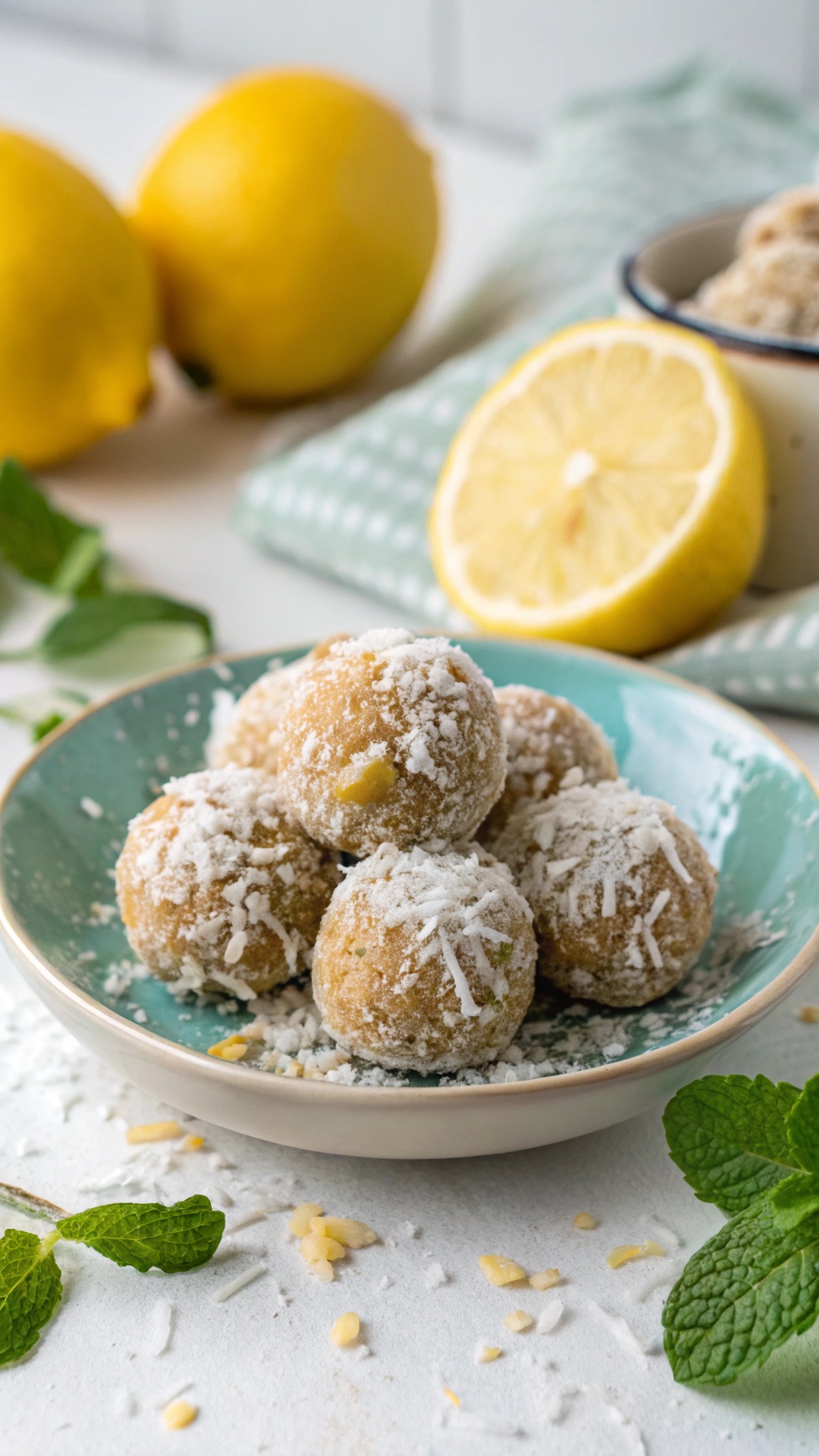 A plate of zesty lemon coconut energy balls, surrounded by fresh lemons and mint leaves.