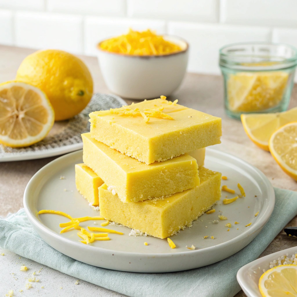 Zesty Lemon Energy Bars stacked on a plate with fresh lemon slices