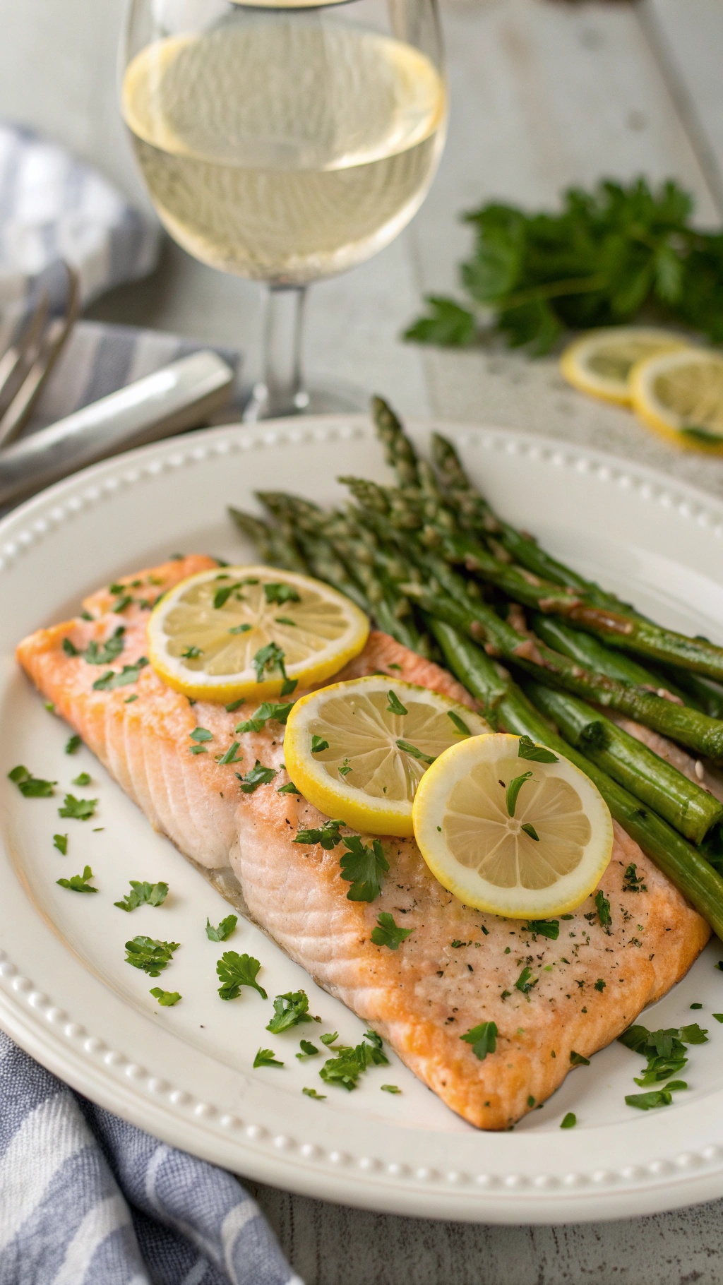 Baked salmon fillet with lemon slices and asparagus on a plate