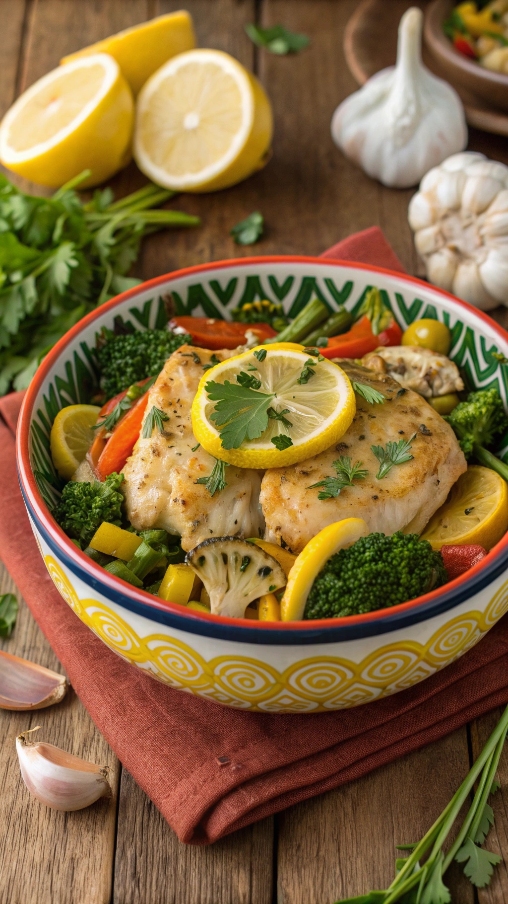 A bowl of Zesty Lemon Garlic Chicken with colorful vegetables and lemon slices
