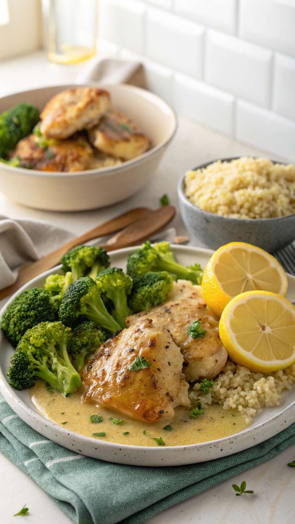 A plate of zesty lemon garlic chicken thighs served with broccoli and couscous, garnished with lemon slices.