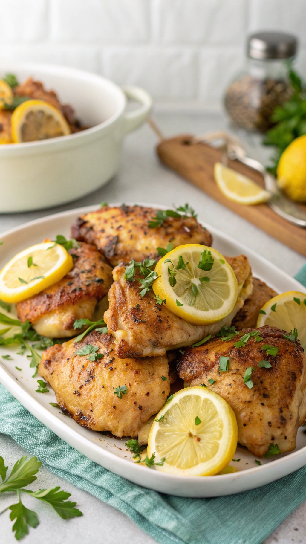 Delicious Zesty Lemon Garlic Chicken Thighs garnished with lemon slices and herbs on a white platter.