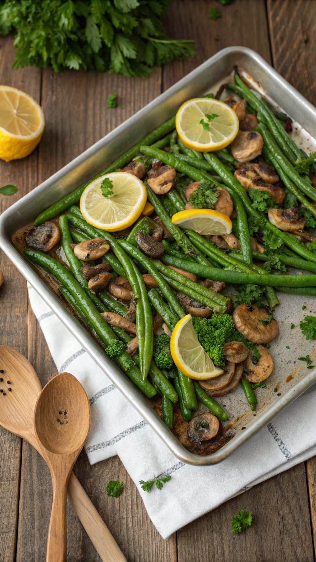 A sheet pan filled with green beans, mushrooms, and lemon slices, garnished with parsley.