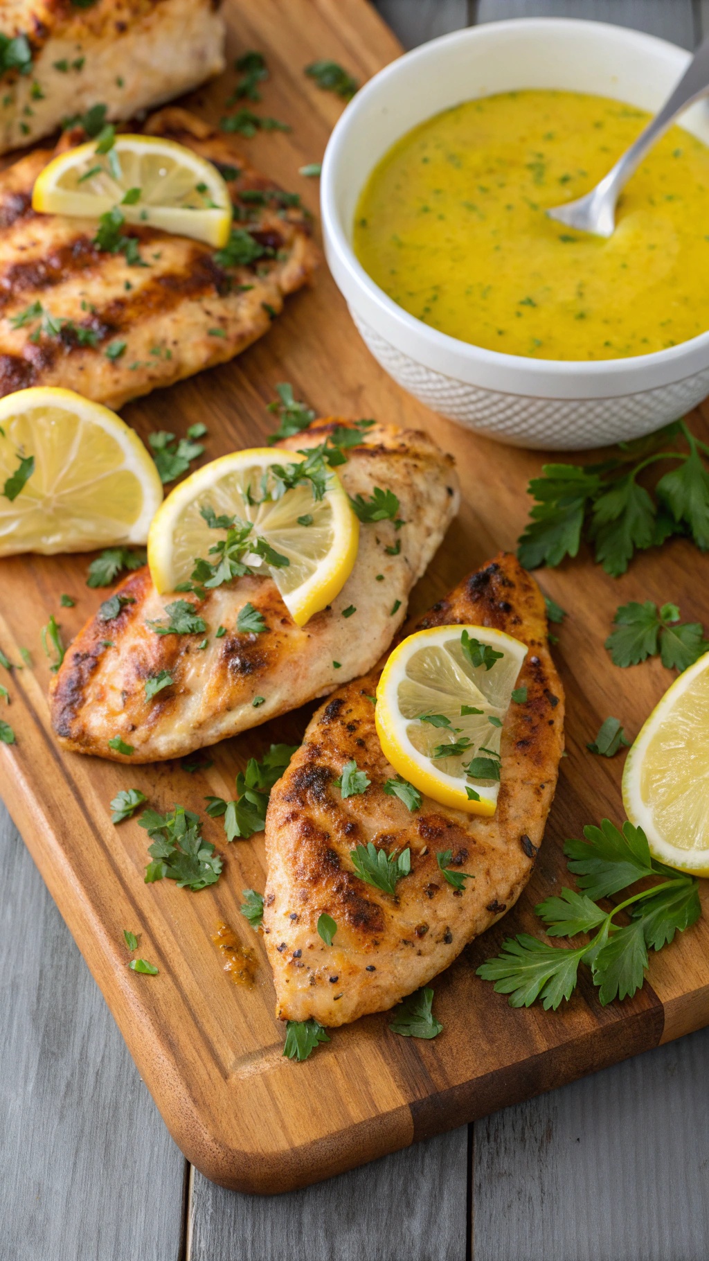 Grilled chicken breasts garnished with lemon slices and parsley, served with a lemon garlic marinade in a bowl.
