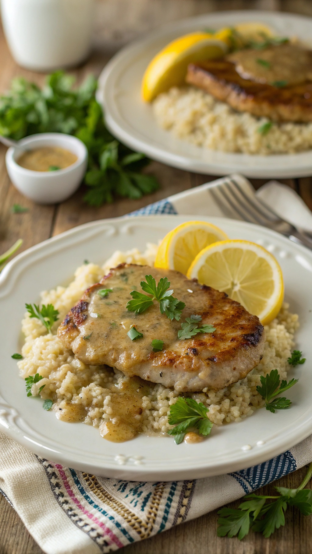Zesty Lemon Garlic Pork Chops served over quinoa with lemon wedges and parsley