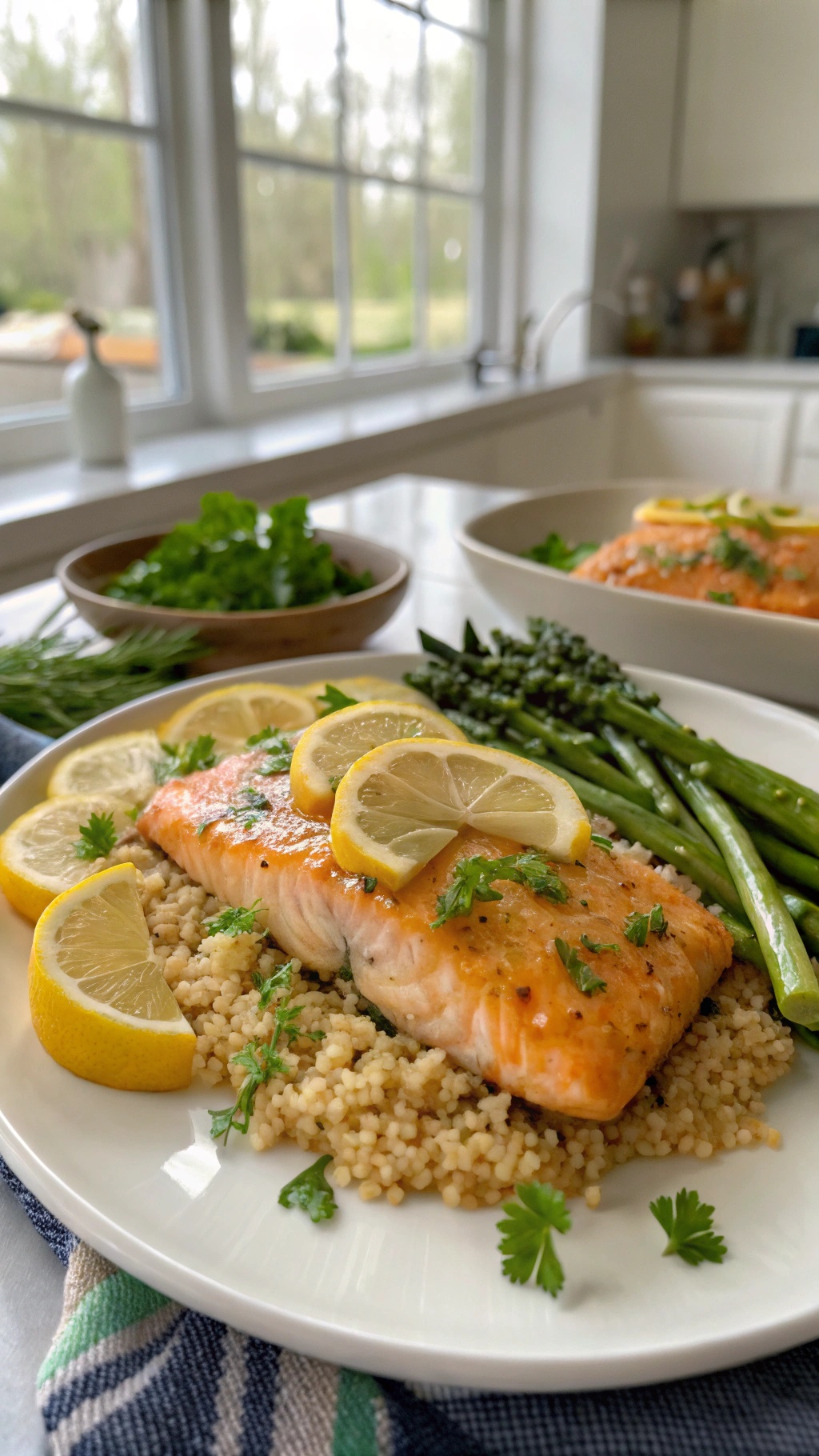 A plate of zesty lemon garlic salmon fillets served with couscous and asparagus, garnished with lemon slices and fresh herbs.