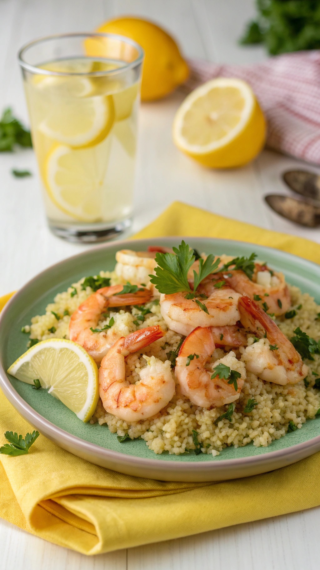A plate of zesty lemon garlic shrimp served over quinoa with lemon slices and parsley.
