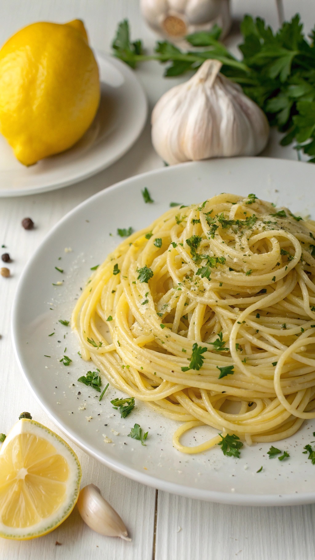 A plate of lemon garlic spaghetti garnished with parsley, with a lemon and garlic in the background.