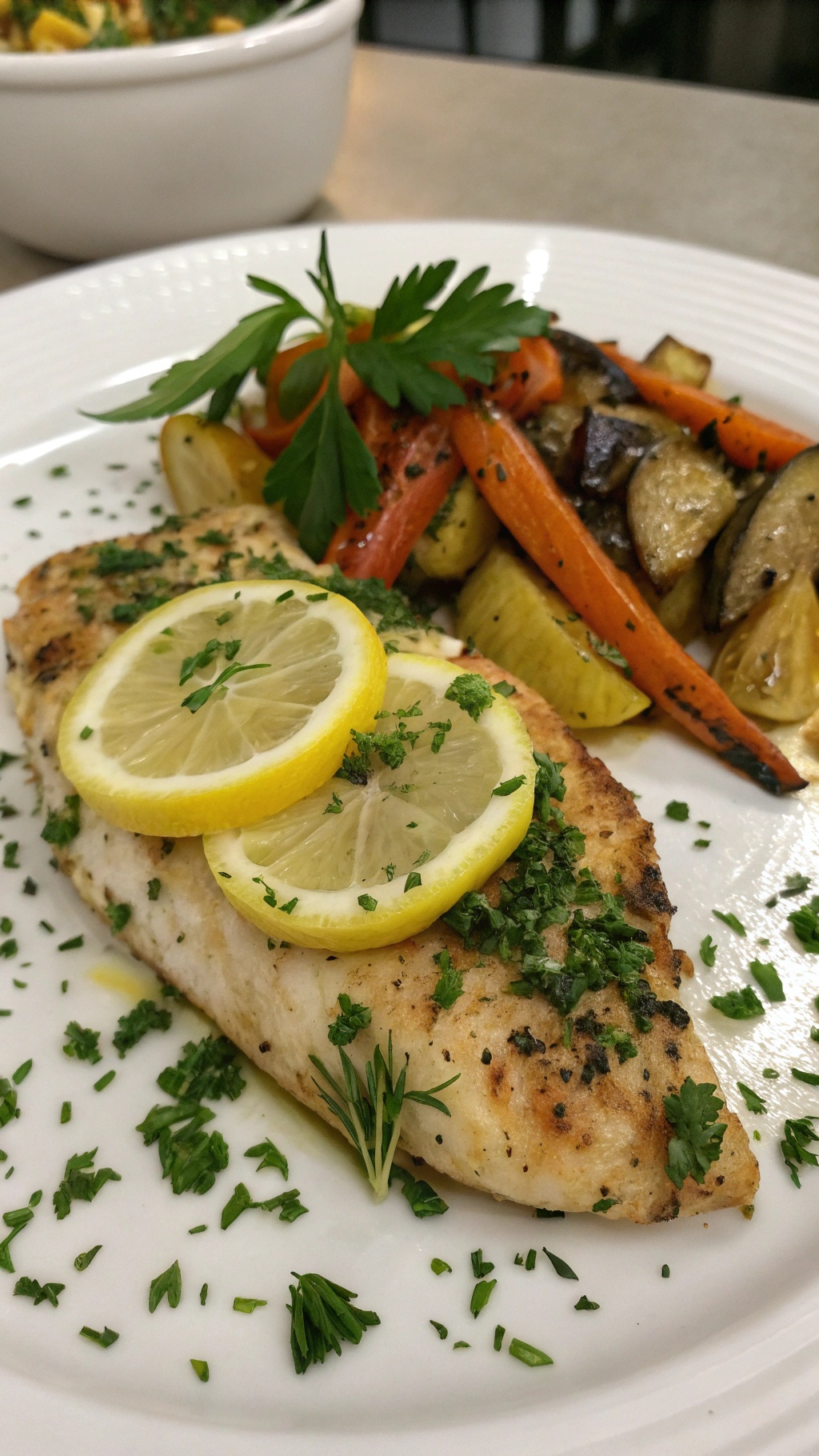 A plate of zesty lemon herb chicken with lemon slices and roasted vegetables.