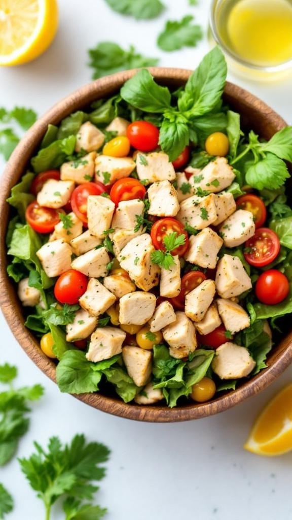 A colorful bowl of zesty chicken salad with lemon vinaigrette dressing.