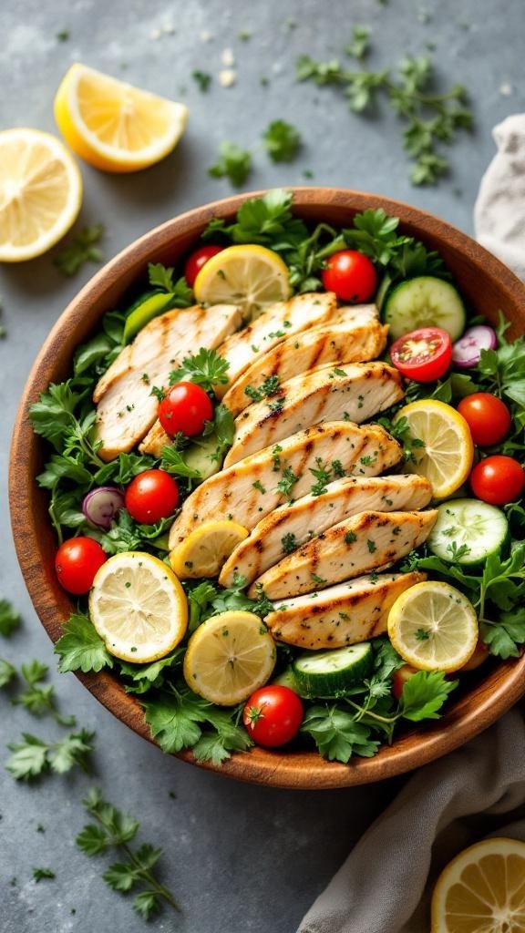 A vibrant bowl of Zesty Lemon Herb Chicken Salad with grilled chicken, fresh greens, cherry tomatoes, cucumbers, and lemon slices.