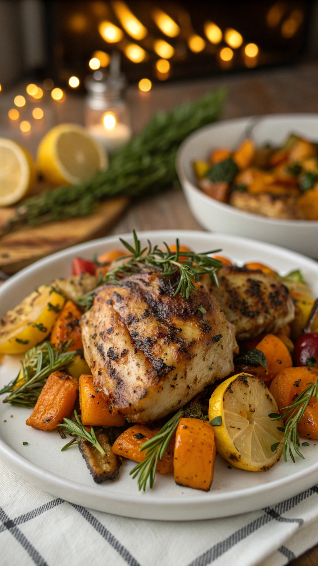 Plate of zesty lemon herb chicken thighs with roasted vegetables, garnished with rosemary and lemon slices.