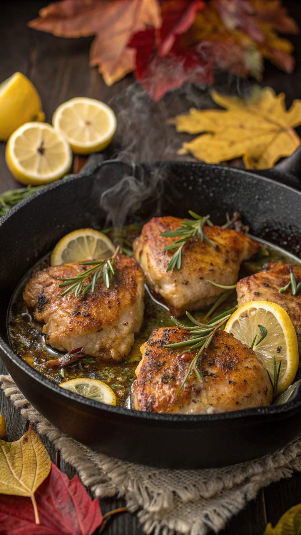 Zesty Lemon Herb Chicken Thighs with lemon slices and herbs in a skillet