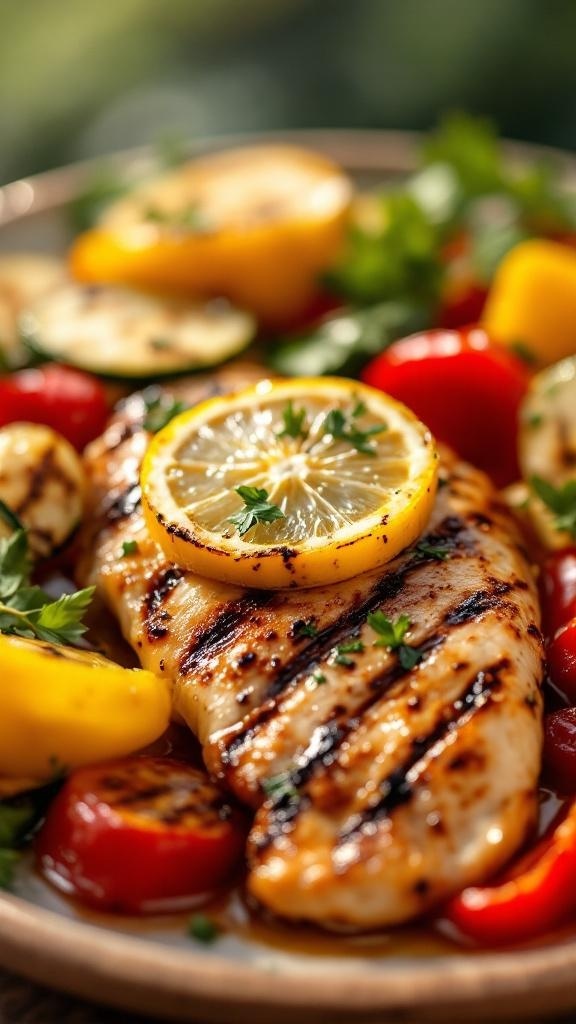 Grilled chicken breast garnished with lemon slices and surrounded by colorful vegetables.