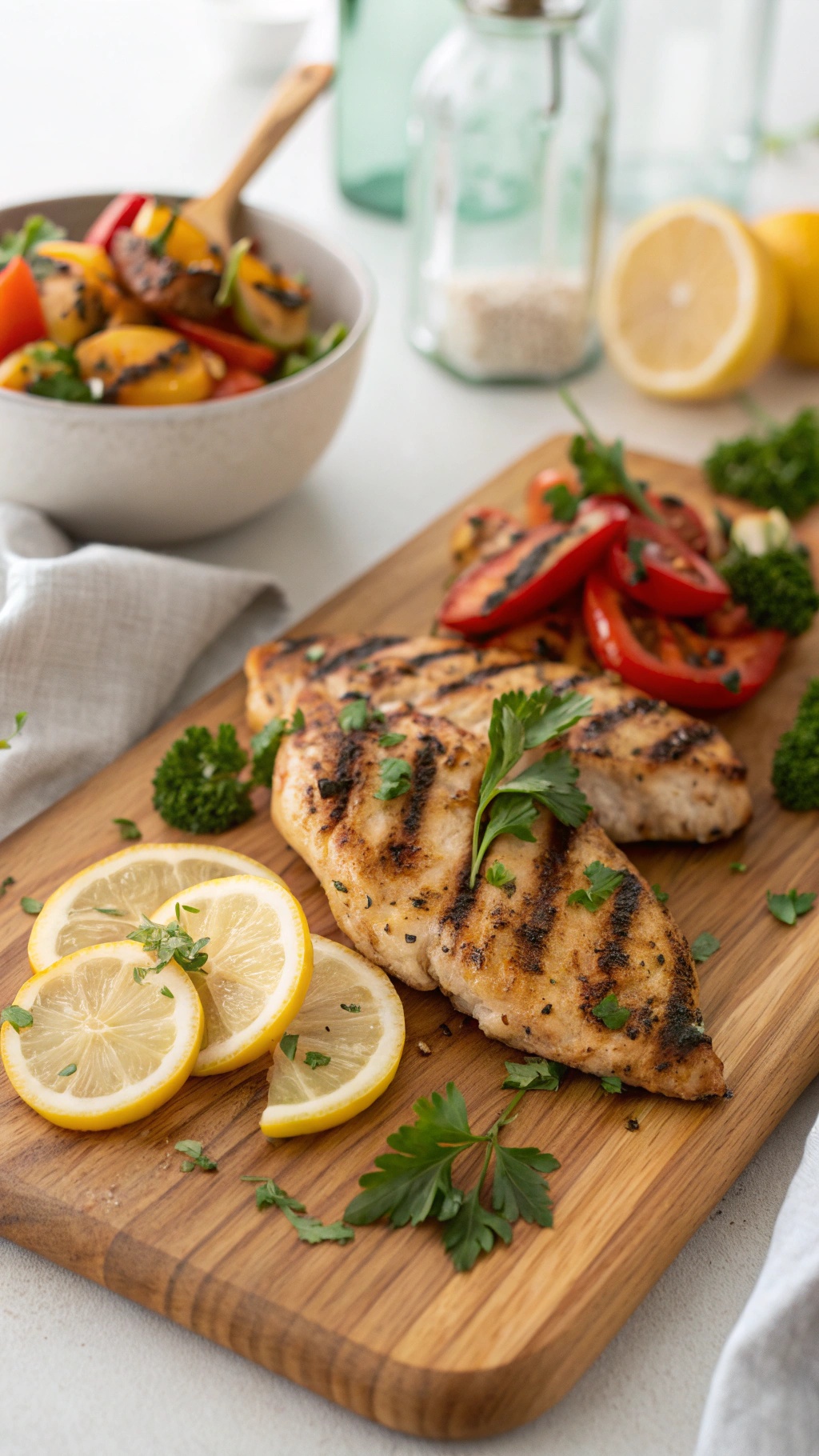 Grilled chicken with lemon slices and herbs on a wooden board