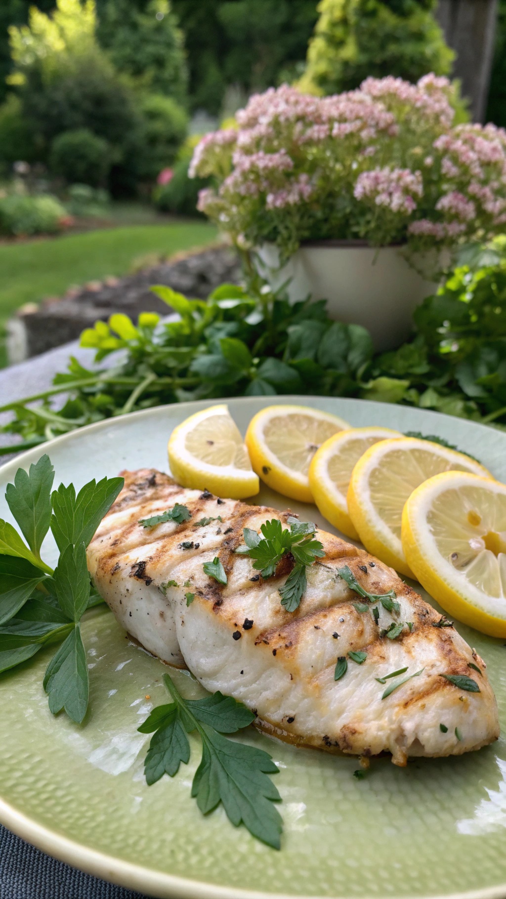 Grilled chicken breast with lemon slices and fresh herbs on a plate